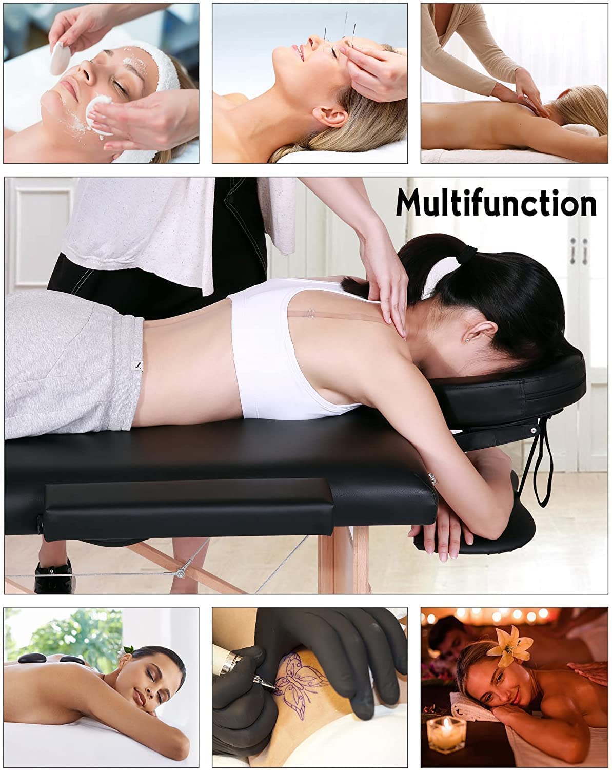 2-Zonen Massageliege — klappbar & höhenverstellbar — Mobile Alu Kosmetikliege mit Kopfschütze, Armlehnen & Tasche - 186 x 62 cm - Schwarz