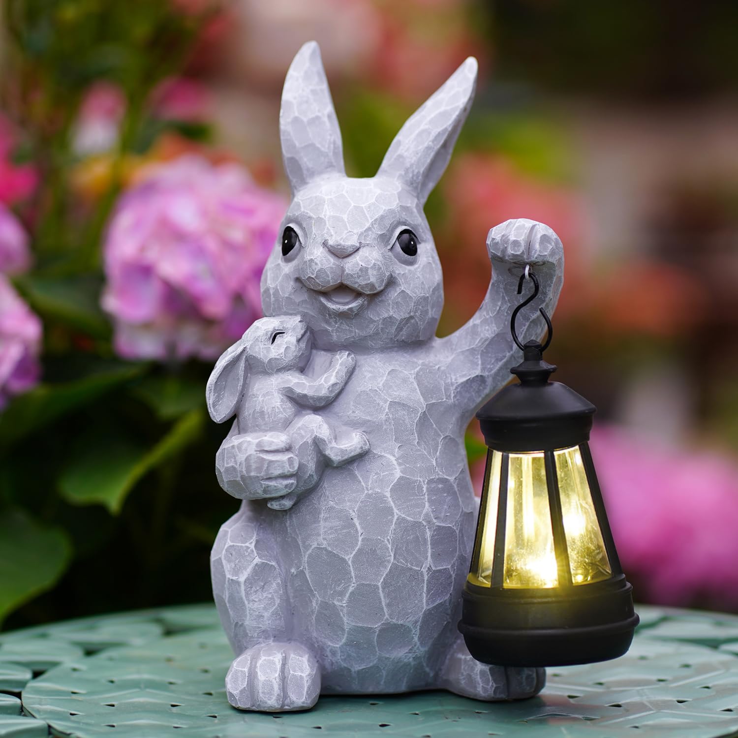 Bunny Statue for Solar Garden Decor: Fairy Garden Outdoor Figurines Sculpture with Lantern, Loving Rabbit for Garden/Lawn/Patio/Yard/Balcony/Porch-Birthday Gifts for Mom/Grandma/Women(Grey)