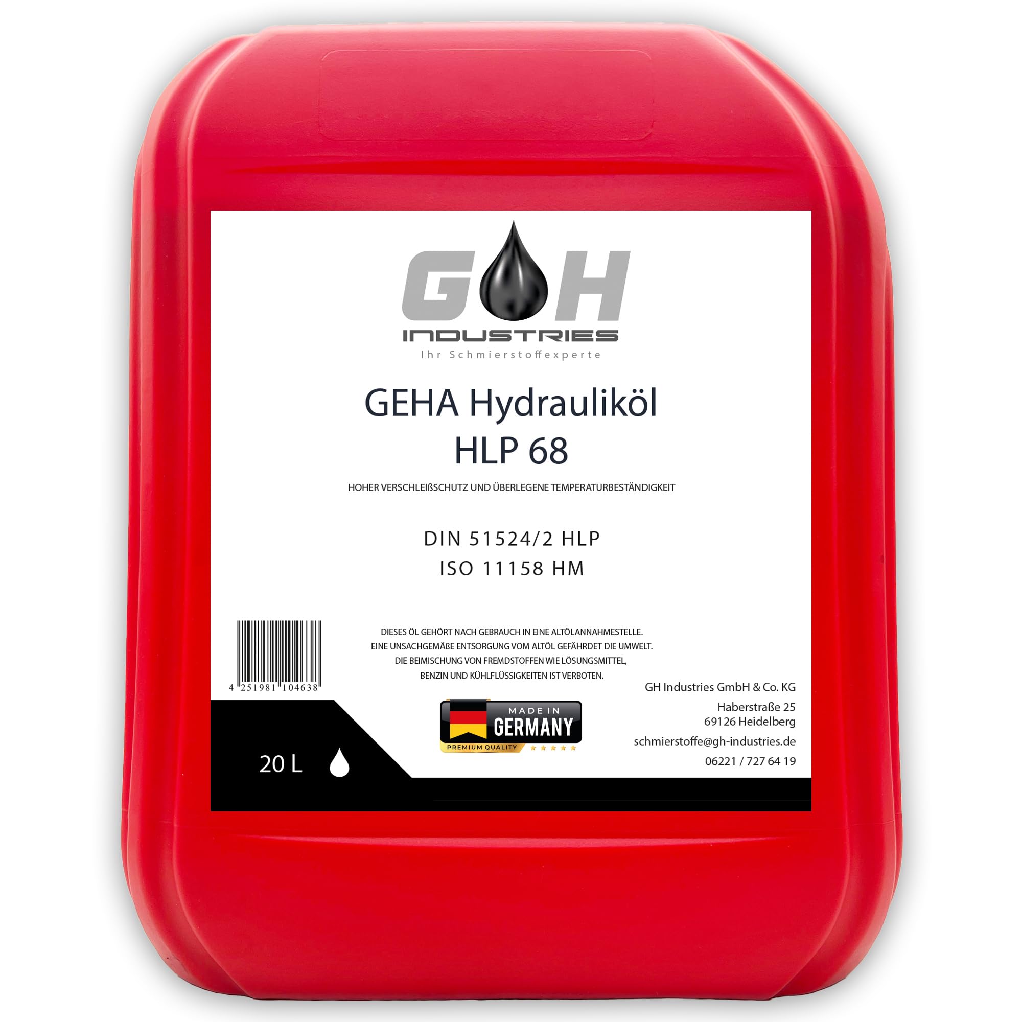 20 L Hydrauliköl HLP 68 ISO VG 68 nach DIN 51524/2 ISO 11158 HM Kanister 20 Liter