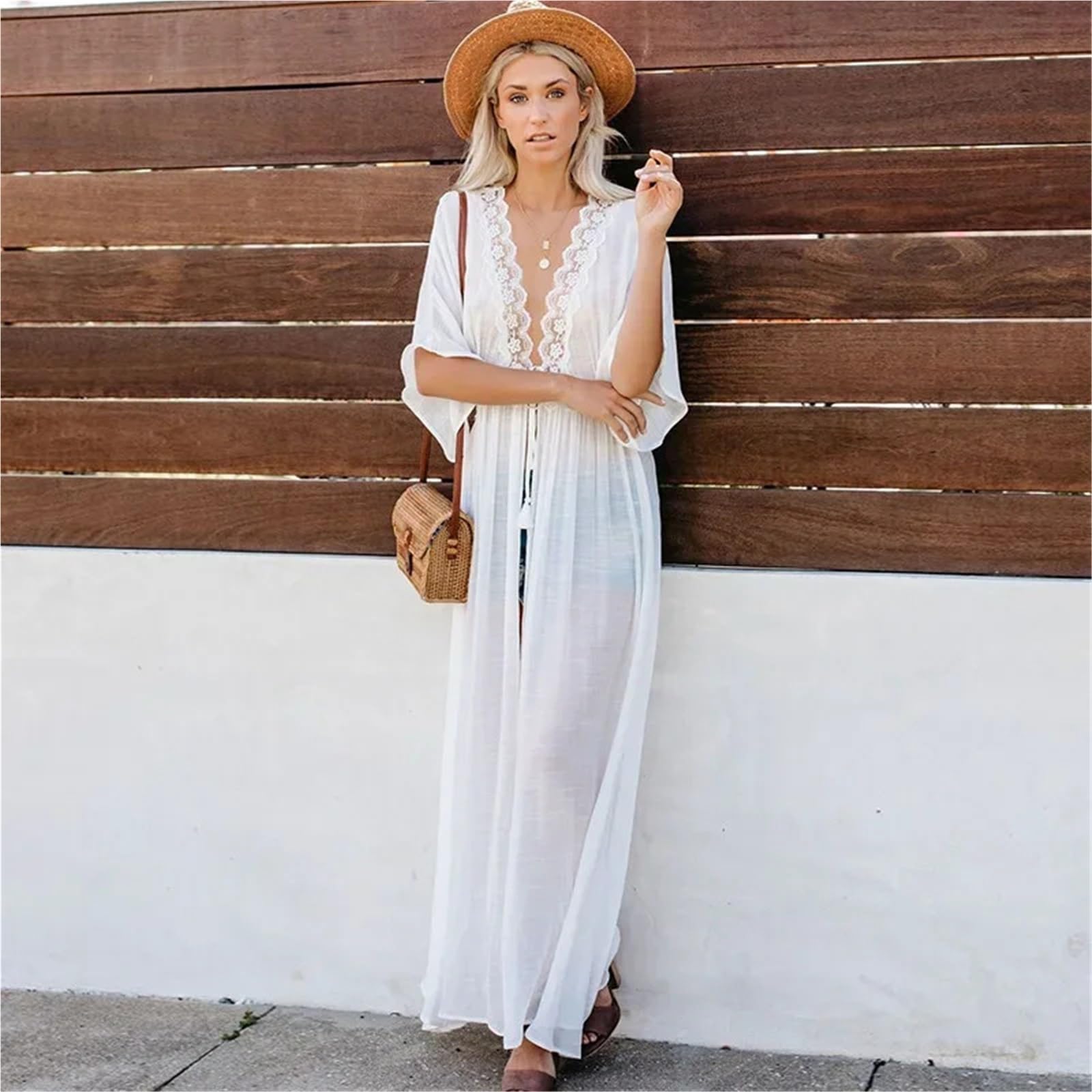 Copricostume da Bikini Sexy in Pizzo Spiaggia Donna | Costume da bagno all'uncinetto aperto sul davanti maxi mantello copricostume lungo kimono bianco