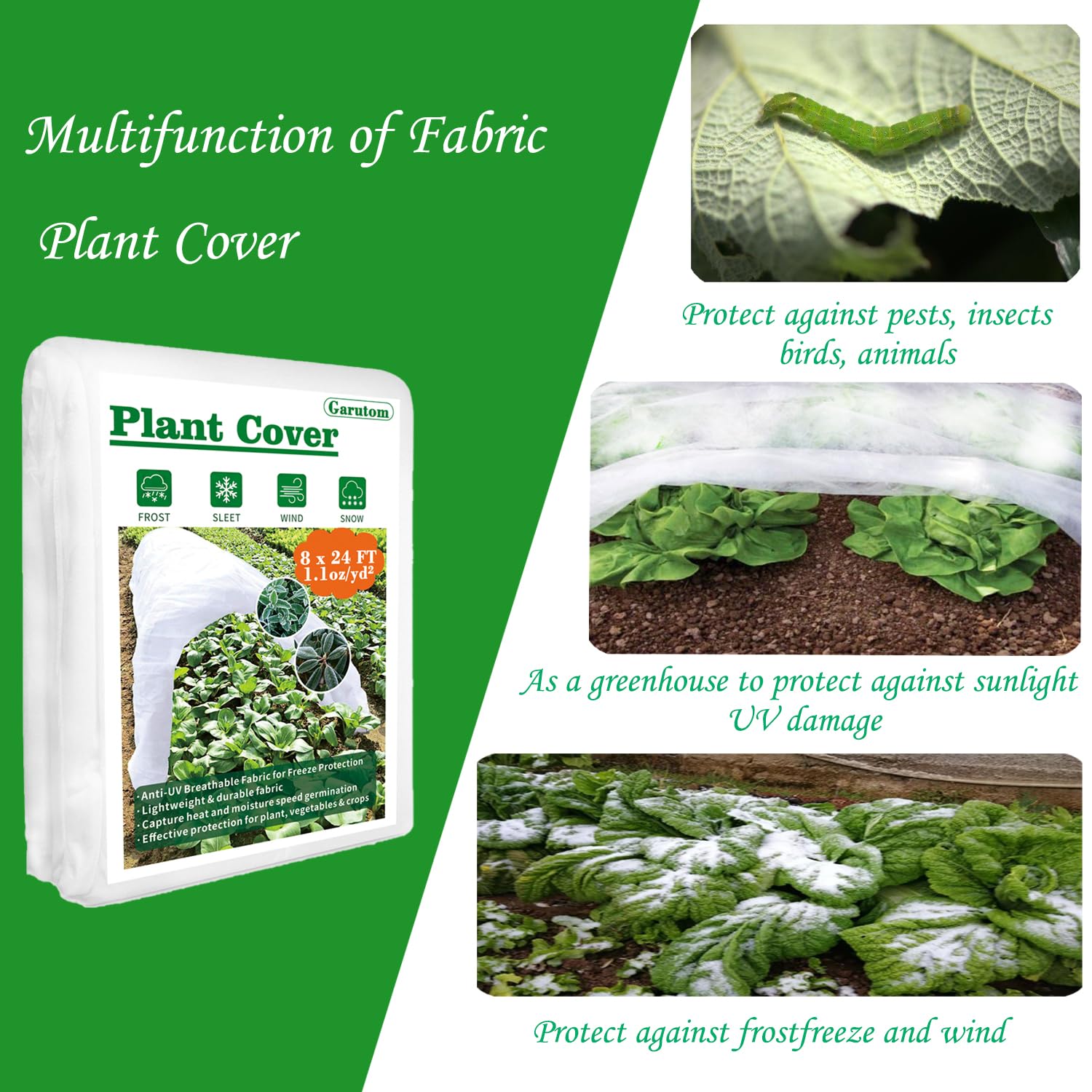 Garutom Cubiertas para plantas de 8 x 24 pies, 1.1 onzas, protección contra heladas, mantas para plantas al aire libre, cubiertas de invierno o hileras flotantes, tela de sombra para jardines