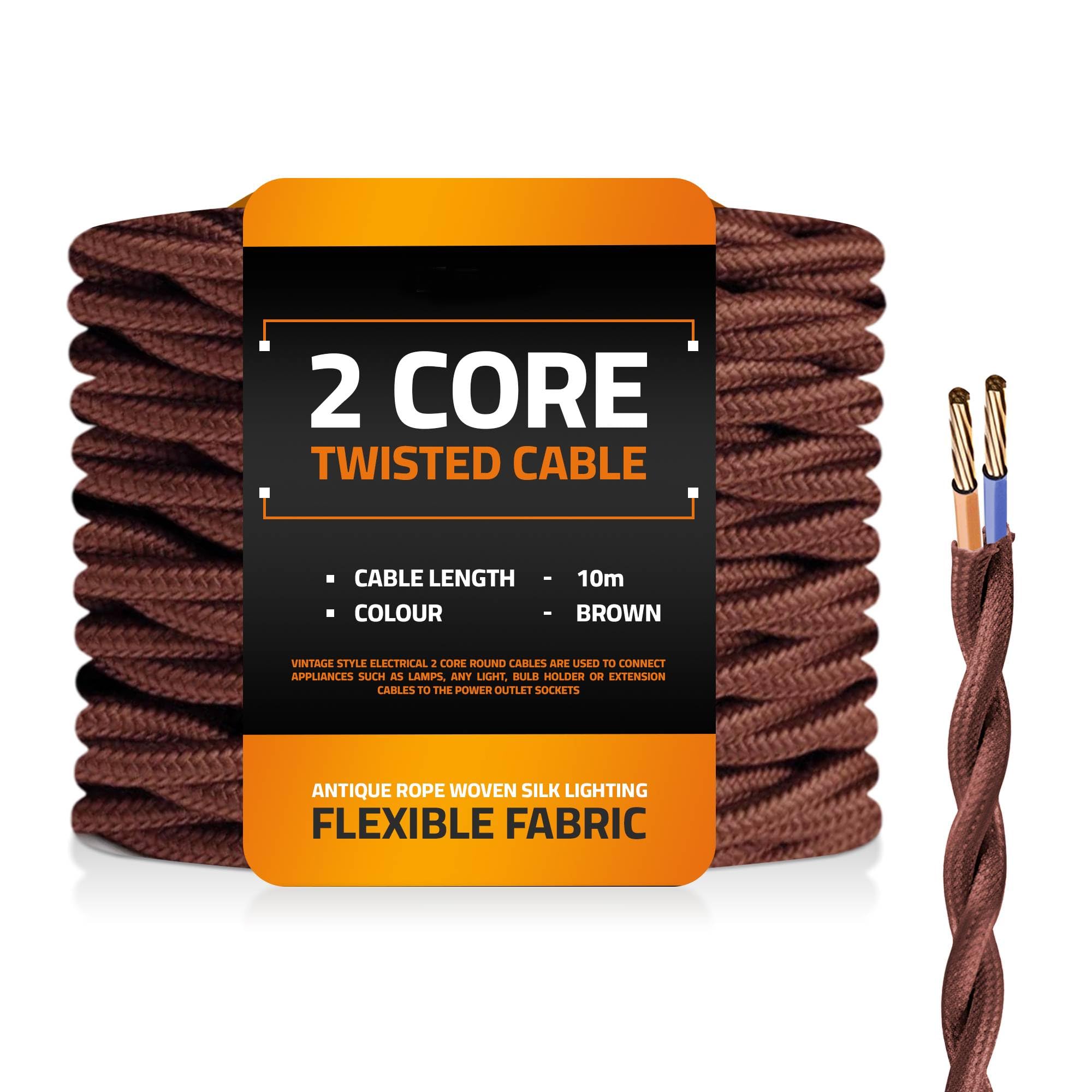 LEDSone Brown Lighting Cable 10m Fabric Cable Twisted Cloth Covered Wire 2 Core Electrical Lamp Cord 18AWG 32.8 Feet, Vintage Woven Wiring for Pendant Lights, DIY Projects (Brown)