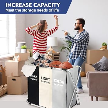 180L Laundry Basket Sorter, Large 3 Section Collapsible Laundry Hamper for Laundry Room Organization, 28