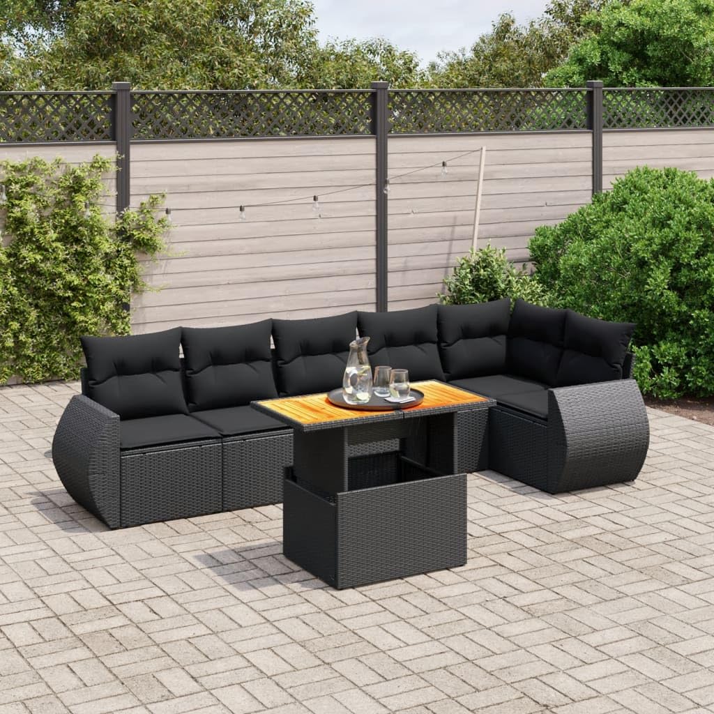 vidaXL Salon de Jardin avec Coussins 7 pcs, Canapés de Terrasse, Ensemble de Meubles de Patio, Mobilier d'Extérieur, Noir Résine Tressée