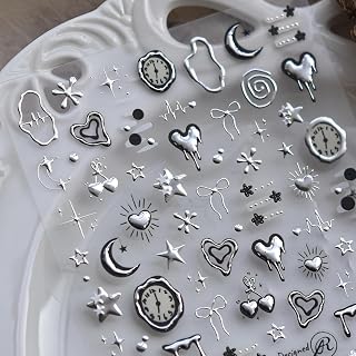 Heart Nail Stickers Valentines Silver Nail Sticker for Nail Art 5D Self-Adhesive Bow Star Nail Decals Embossed Nails Art Silver Heart Nails Supplies for Women and Girls Decoration Accessories
