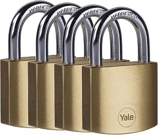 Yale Y110B/40/122/4, Standardsicherheit, 40 mm, Messing, Vorhängeschloss, offener Bügel aus gehärtetem Stahl, Ø 6,3 mm, inkl. 4 gleichschließende Schlüssel, 4er Set, für Spind, Werkzeugkiste, Schrank