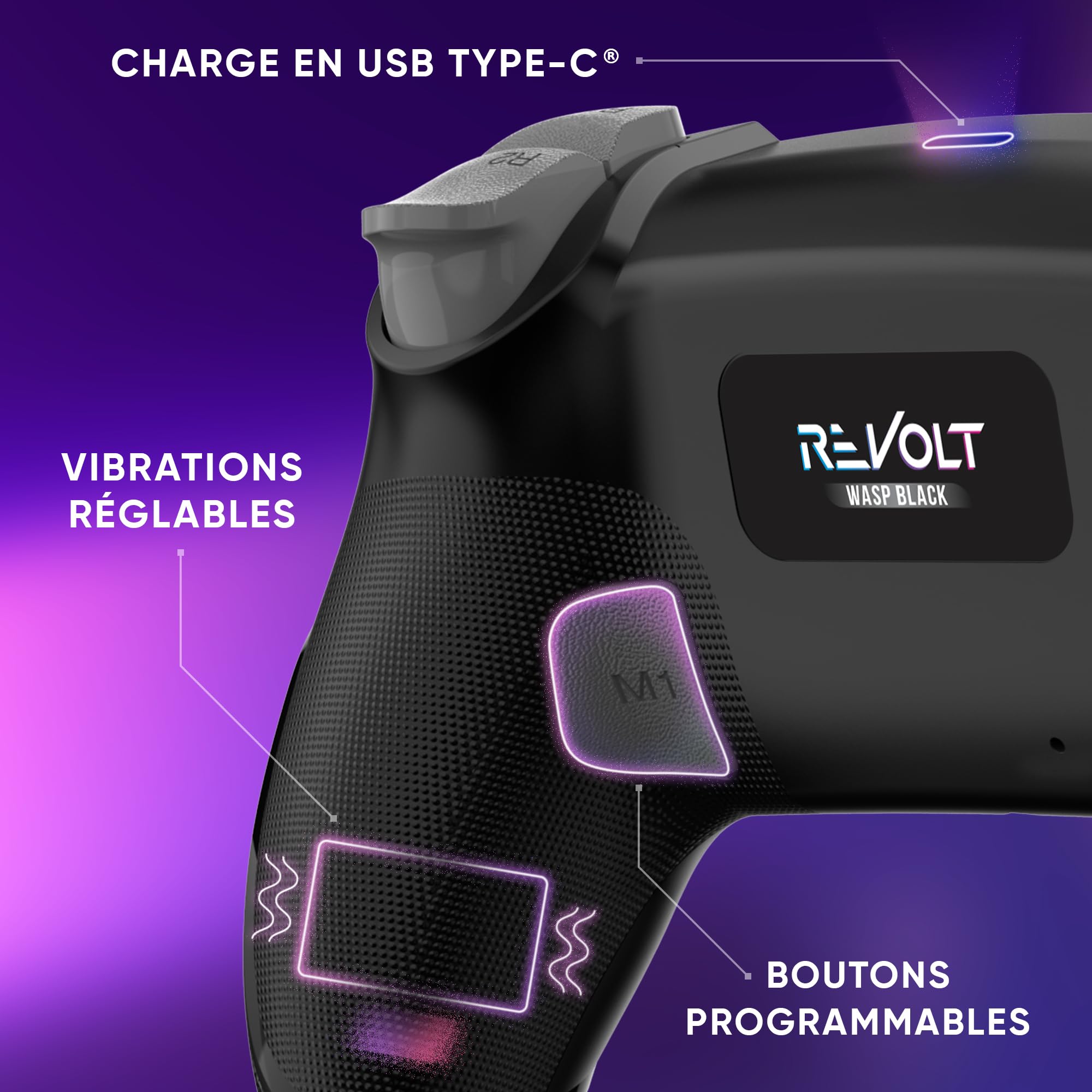 Manette sans fil pour PS4 PS3 PC ANDROID iOS, Sortie Casque, Joystick Hall Effect, Batterie Rechargeable 1000mAh, boutons macro, mode Turbo, Wake up, Gyroscope 6 axes, Revolt Wasp Black