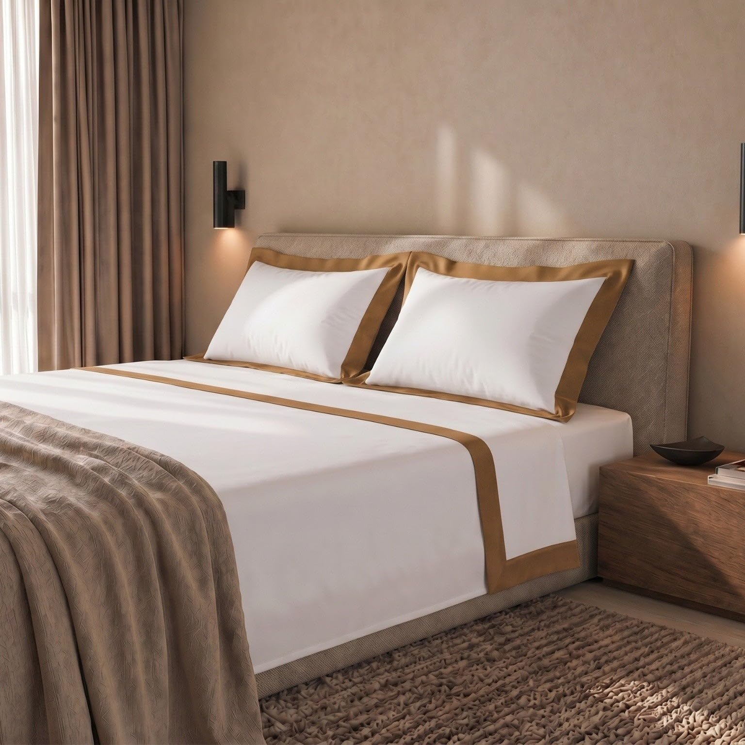 The White Stone Set Lenzuola Letto Una Piazza e Mezza 100% Cotone | Lenzuolo Piano 190x295 cm, Lenzuolo con Angoli 130x200 cm e 1 Federa Coordinata | Lenzuola con Balza Decorativa in Raso Beige