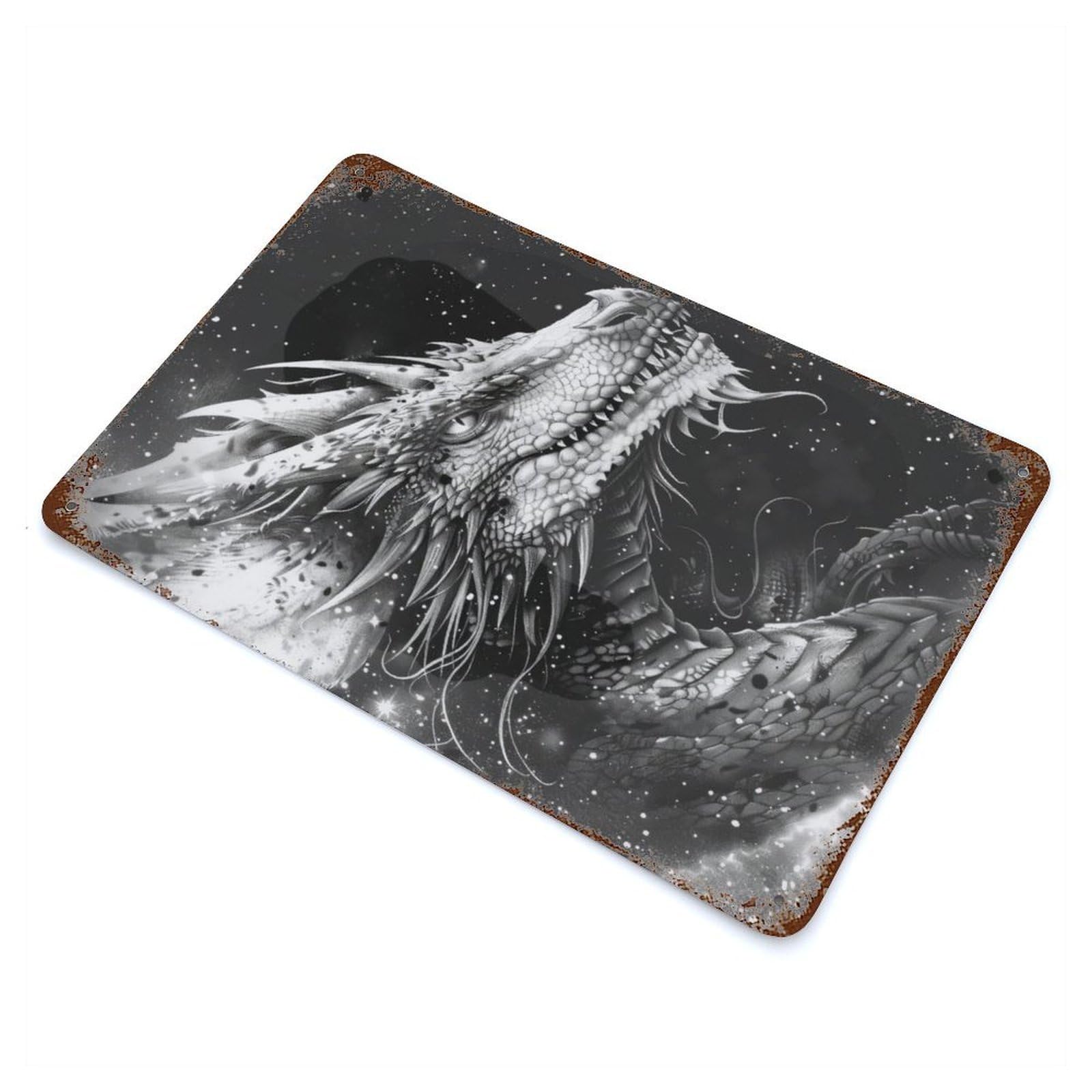 Celestial Dragon 11.8"x7.9" Aged Metal Wall Plaque, Novelty Wall Decor for Garage, Bar And Workshop Decor