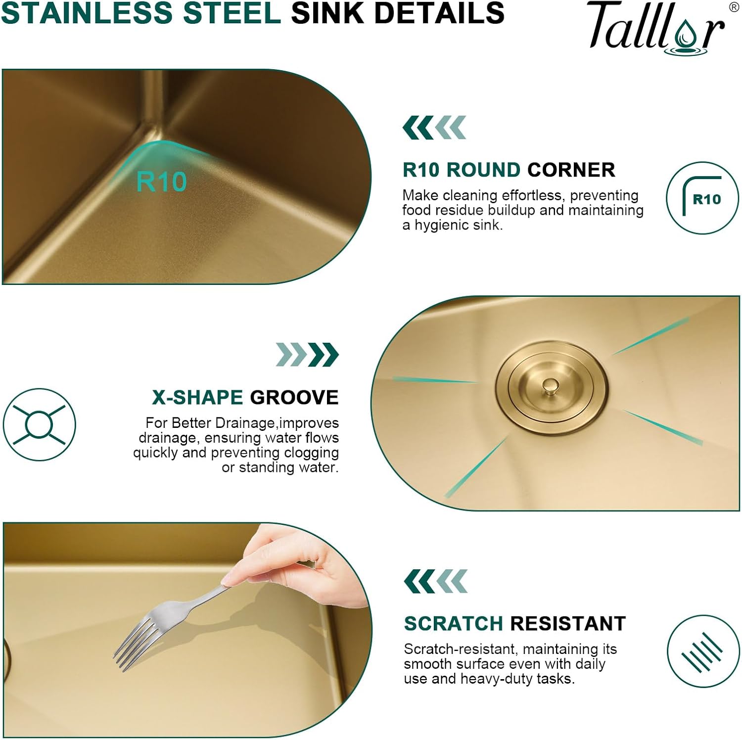 15 x 20 Inch Gold Drop In Bar Sink with Faucet, 16 Gauge 304 Stainless Steel Single Bowl Sink with Gold Finish for Kitchen Bars, RV, and Boat #TLT-0031