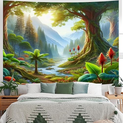 Miniatura 4 de Heopapin Tapiz de bosque de montaña brumosa, tapiz de naturaleza con árboles grandes, tapiz para colgar en la pared, tapiz de paisaje de bosque
