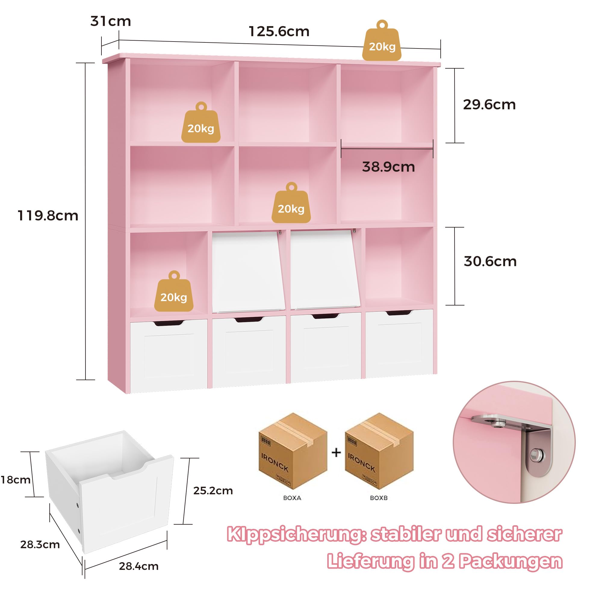 IRONCK Kinderregal Bücherregal mit verdeckte Klapptür (Rosa) | Kinderzimmer Möbel Spielzeugregl mit 4 Boxen auf Rollen, Kinder Kleiderschrank Aufbewahrungregal mit 10 Fächer