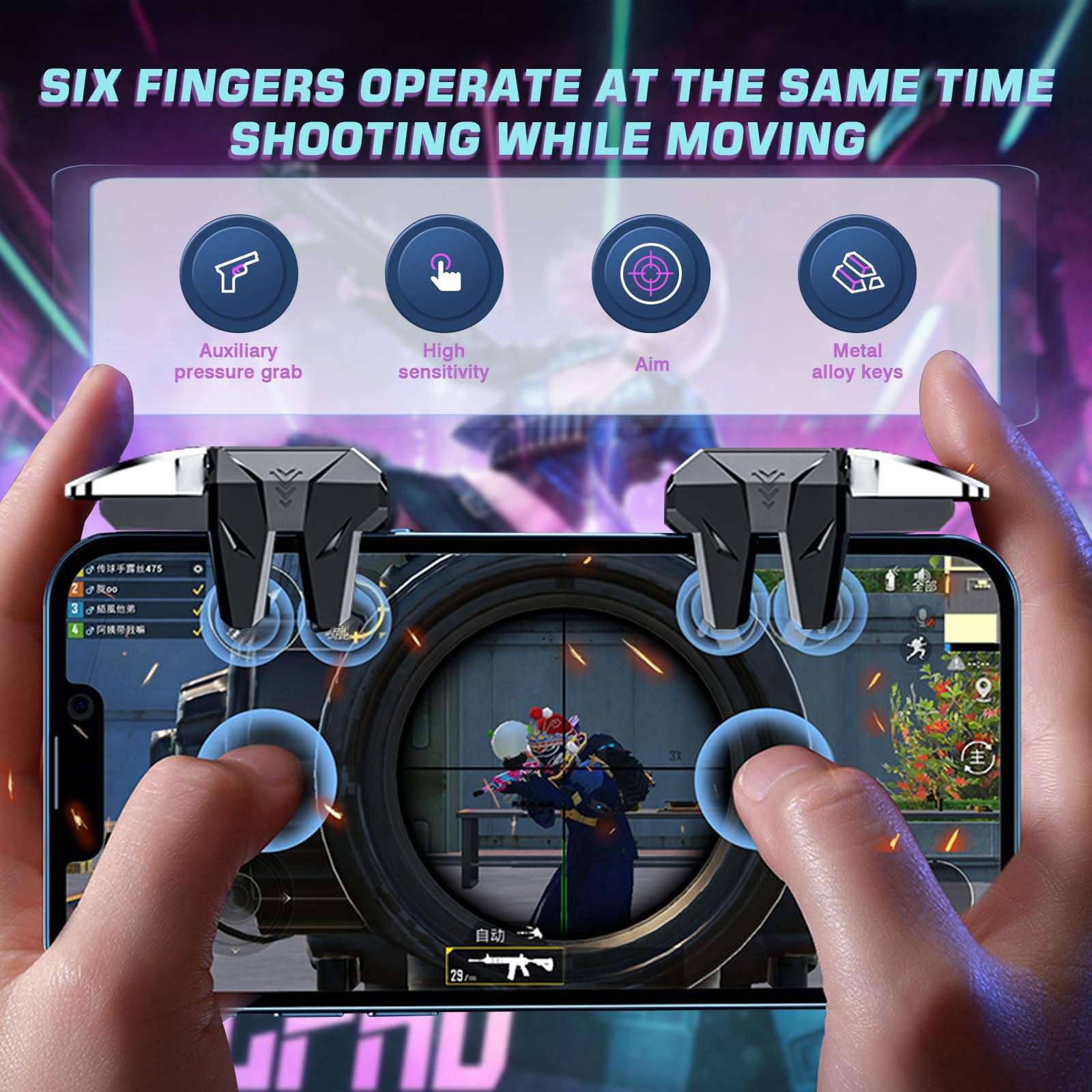 EasEasy PUBG Game Trigger - 6 Finger Mobile Phone Controller For Shooting Games