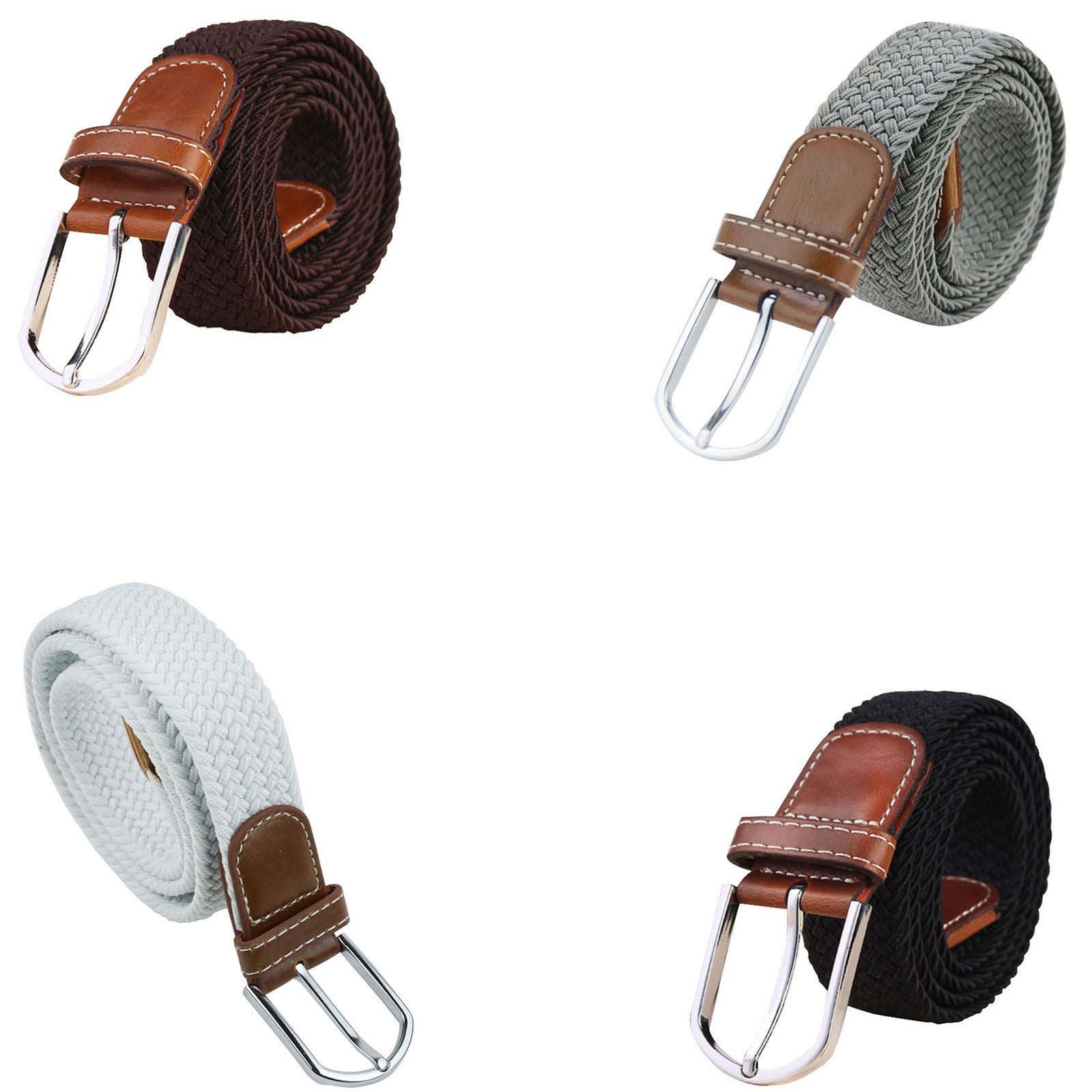 New Mens Leather Braided Elastic Stretch Cross Buckle Casual Belt (Brown)