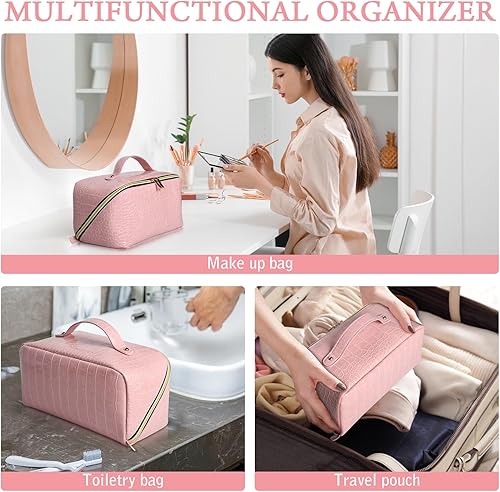 Miniatura 7 de Sanshisi Bolsa de maquillaje para mujer, bolsa de cosméticos de viaje de gran capacidad, impermeable, de piel sintética, portátil, bolsa de viaje