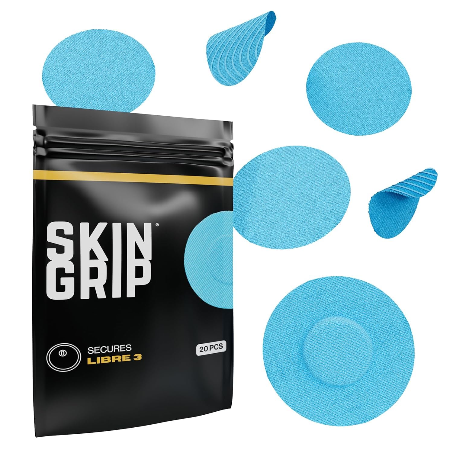 Skin Grip Freestyle Libre 3 Sensor Covers- Waterproof & Sweatproof Adhesive Patches for 10-15 Days (Not for Libre2), Pre-Cut Continuous Glucose Monitor Diabetic Sensors Cover - 20 Pack, Blue