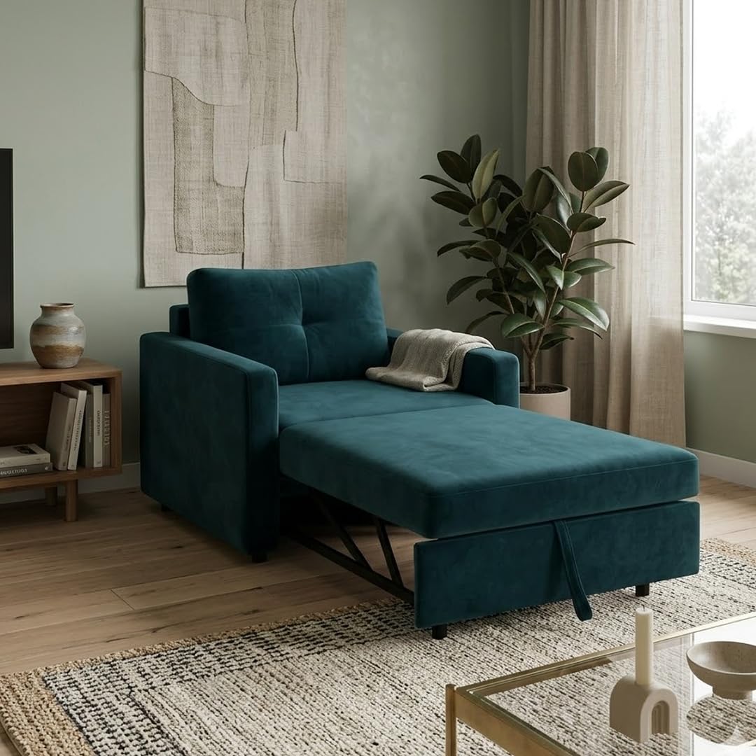 CASASTYLE Seria 1 Seater Pull-Out Premium Fabric Sofa Cum Bed Sofa Set for Living Room (Greenish Teal) Premium Velvet Finish Comfortable Sofa Bed