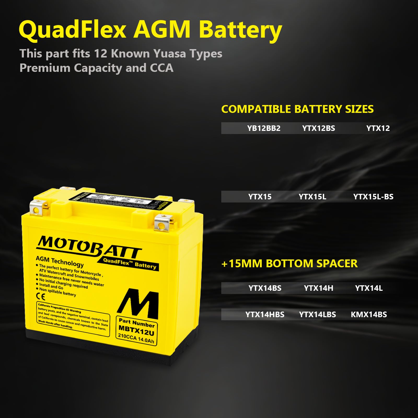 MotoBatt MBTX12U (12 V 14 Amp) 200CCA Factory Activated QuadFlex AGM Battery