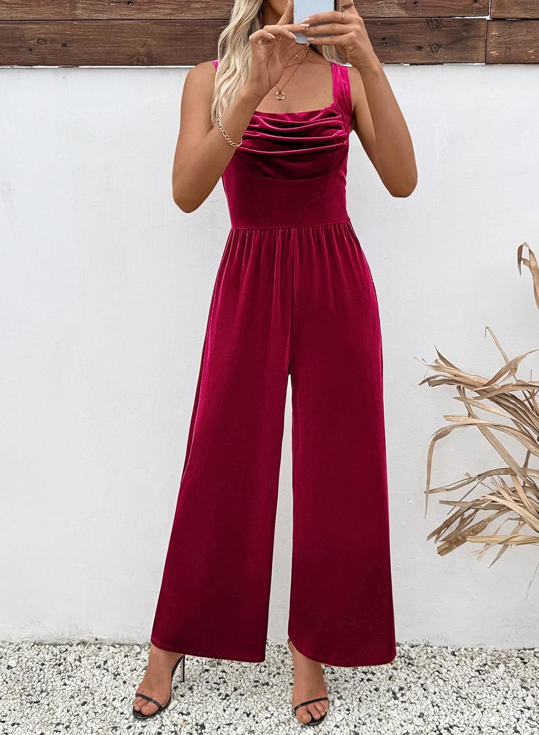 BLENCOT Womens Velvet Jumpsuit Winter Sleeveless Wide Leg Rompers Casual Fall Overalls - Image 3