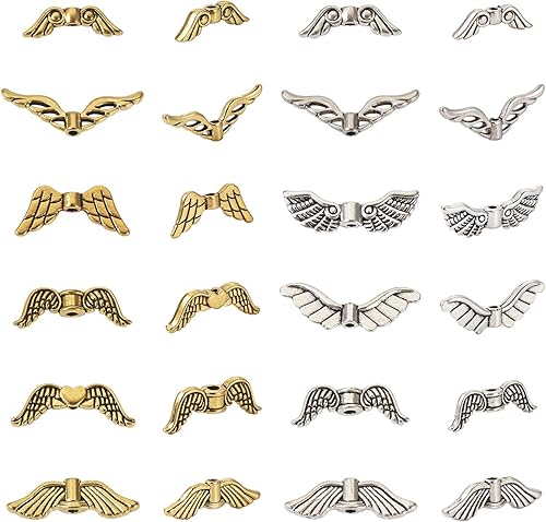 Fashewelry 240 cuentas espaciadoras de alas de ángel tibetanas, cuentas sueltas de aleación de metal plateado dorado con detalles tallados para