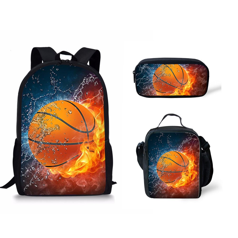 Binienty Bolsa de hombro 3 en 1 para niños y niñas, mochila + bolsa de almuerzo + estuche para lápices, Baloncesto de fuego, Talla única, moderno