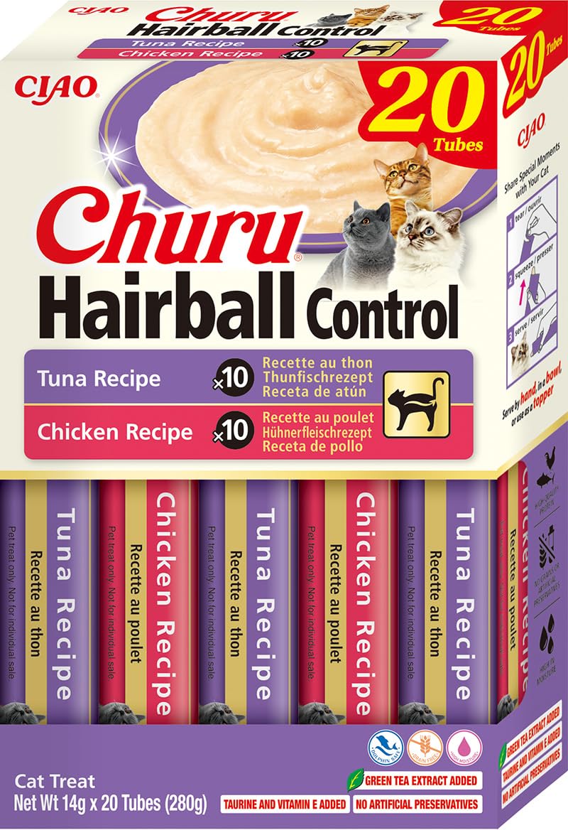 Ciao Churu Sticks Hairball - Chicken and Tuna Variety Box - 1 Pack (20 x 14g) / Soft & Creamy INABA Cat Treat, Delicious & Healthy Snack, Purée Food Topper, Pill Assist, Natural, Grain Free