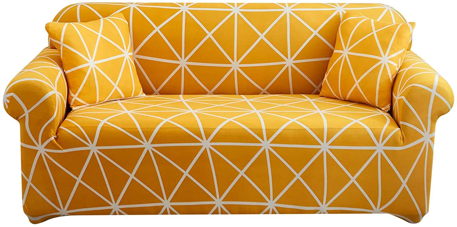Housse de canapé extensible 195-230 cm grise avec motifs géométriques et taies