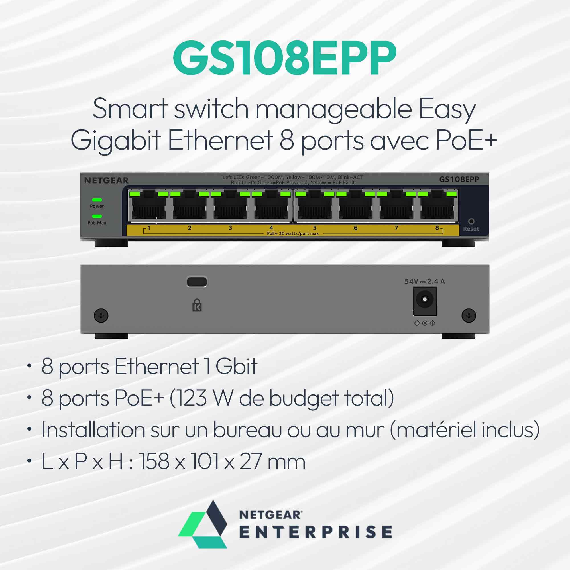 NETGEAR Smart Switch manageable Easy Gigabit Ethernet 8 Ports avec PoE+ - avec 8 Ports PoE+ 62 W, sans Ventilateur, Montage sur Un Bureau ou au Mur (GS108EPP)