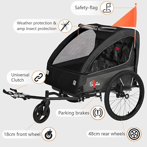 Miniatura 6 de Sepnine Remolque de bicicleta para niños 2 en 1 y cochecito con suspensión, remolque de bicicleta para 1 a 2 niños, función de correr, plegable,