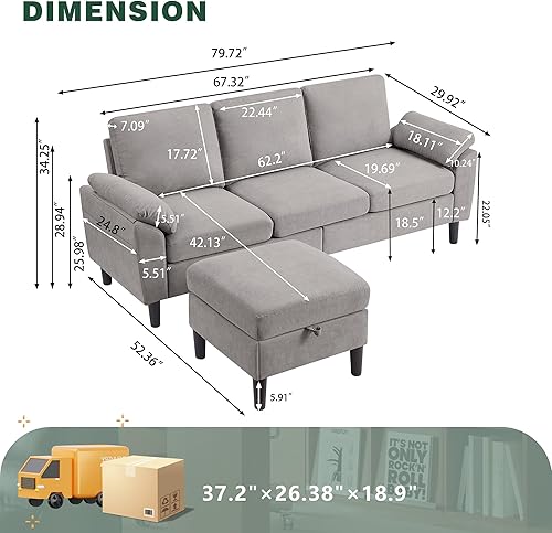 Miniatura 2 de Sofá modular convertible de 79 pulgadas, moderno sofá pequeño en forma de L de lino con diván reversible y otomana de almacenamiento, sofá de 3