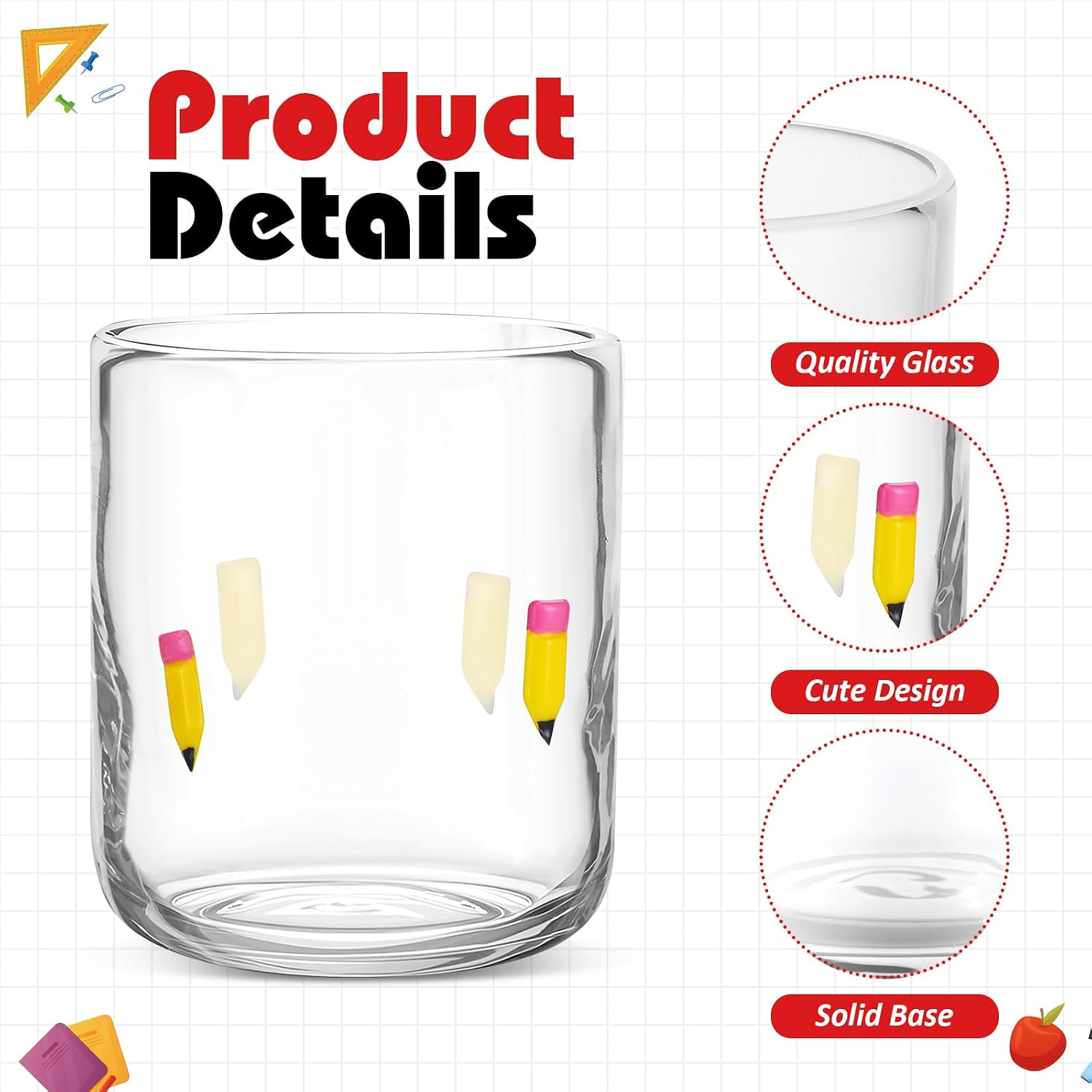 SiliFine 2 PCS Pencil & Apple Icon Juice Glasses | 14oz, Stemless Glass Cup, Fits Wine, Drinking, Coffee, Home Party Supplies, Holiday Gift