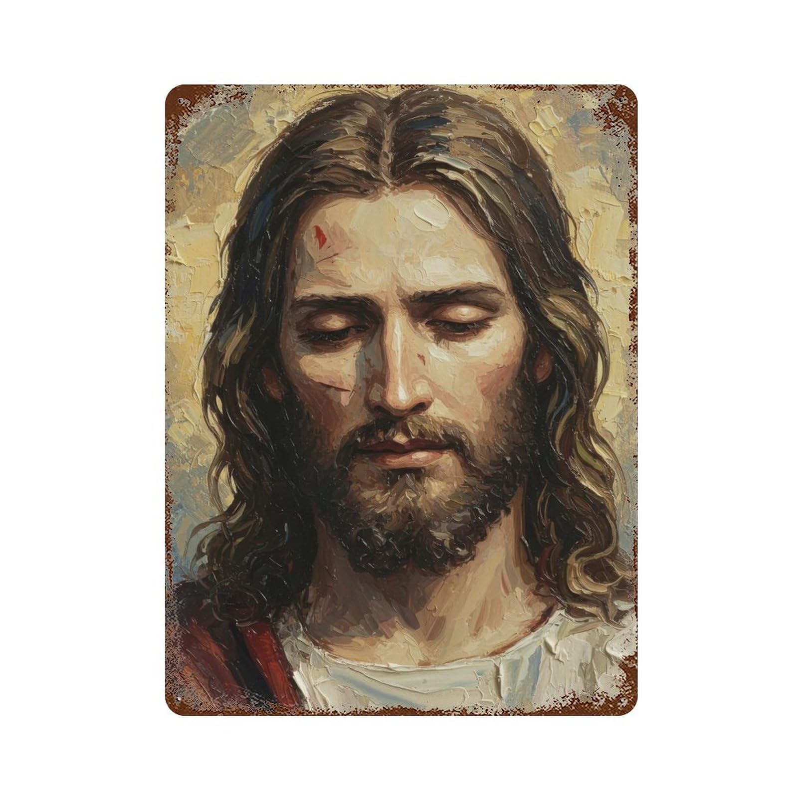 Portrait of Jesus Christ Oil Painting Rust Effect Tin Sign 15.7"x11.8", Old School Wall Decor for Farmhouse, Kitchen And Entryway Decor