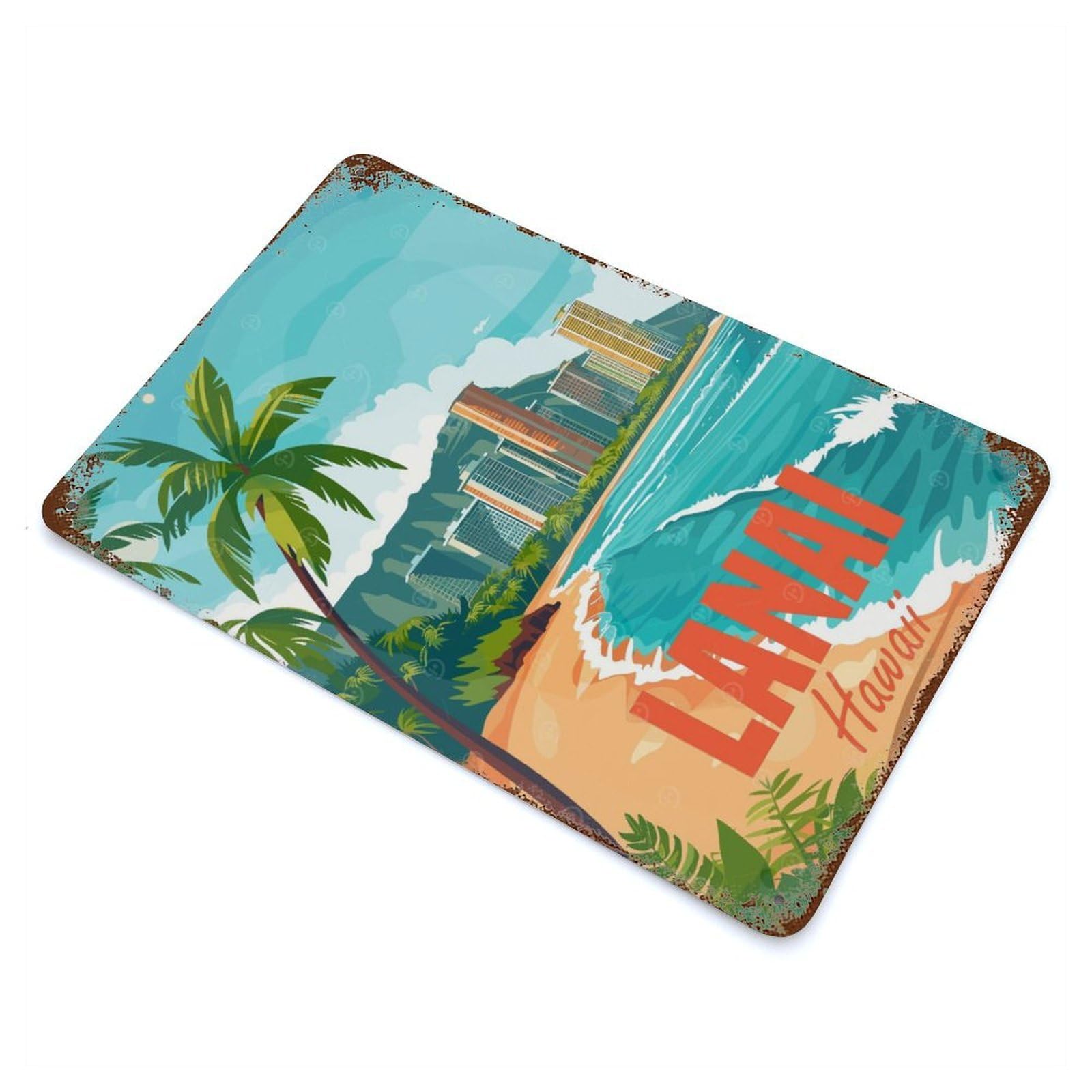 Lanai Island Hawaii Rusty Metal Tin Sign 11.8"x7.9", Rustic Home Decor for Living Room, Hallway And Home Decor