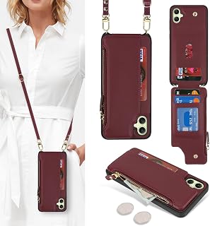 SailorTech Handyhülle für Samsung Galaxy A05 Etui mit Kartenfach, Samsung Galaxy A05 Hülle mit Verstellbarer Halskette, Samsung Galaxy A05 Handytasche mit Reißverschluss Geldbörse-Burgunderrot