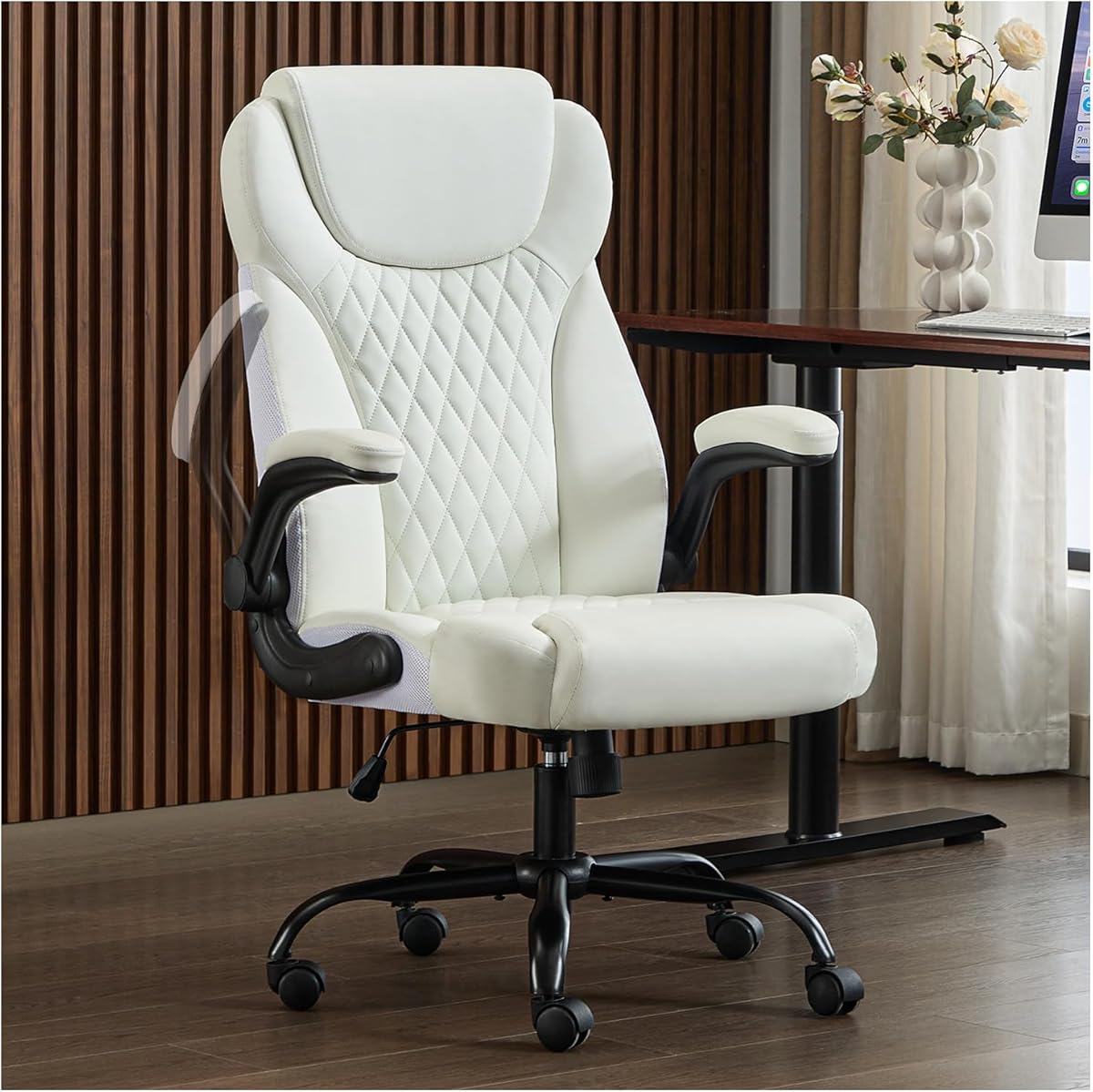 Office Chair, Executive PU Leather Chair Home Office Desk Chairs, Ergonomic Computer Desk Chair with Adjustable Flip-Up Arms, Lumbar Support Swivel Task Chair with Rocking Function (White)
