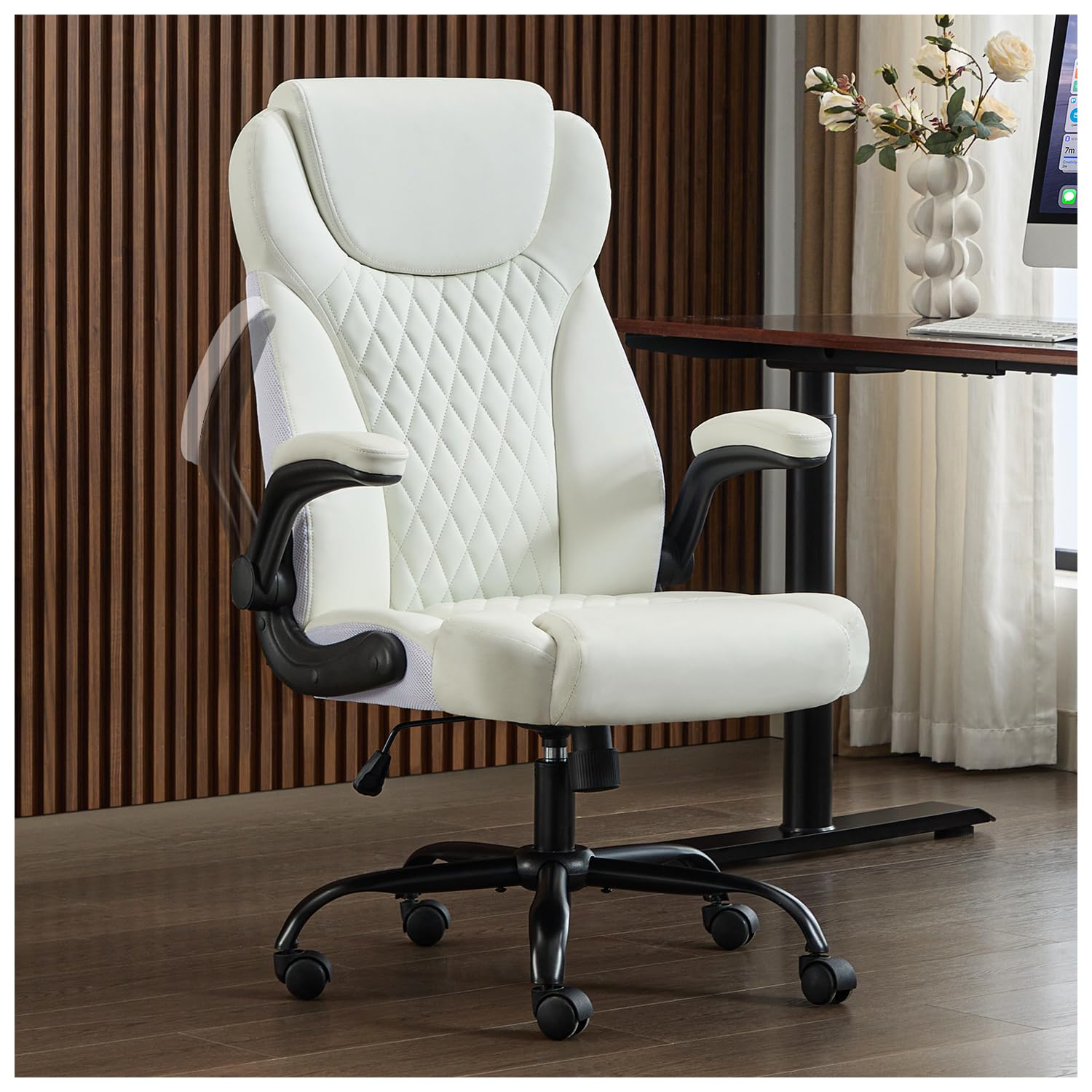 Office Chair, Executive Leather Chair Home Office Desk Chairs, Ergonomic Computer Desk Chair with Adjustable Flip-Up Arms, Lumbar Support Swivel Task Chair with Rocking Function (White)