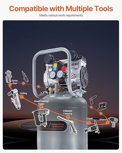 Miniatura 6 de VEVOR Compresor de aire de 13 galones, 2 HP, 4.6 SCFM a 90 PSI, tanque sin aceite, funcionamiento silencioso de 66 dB, ideal para inflar neumáticos