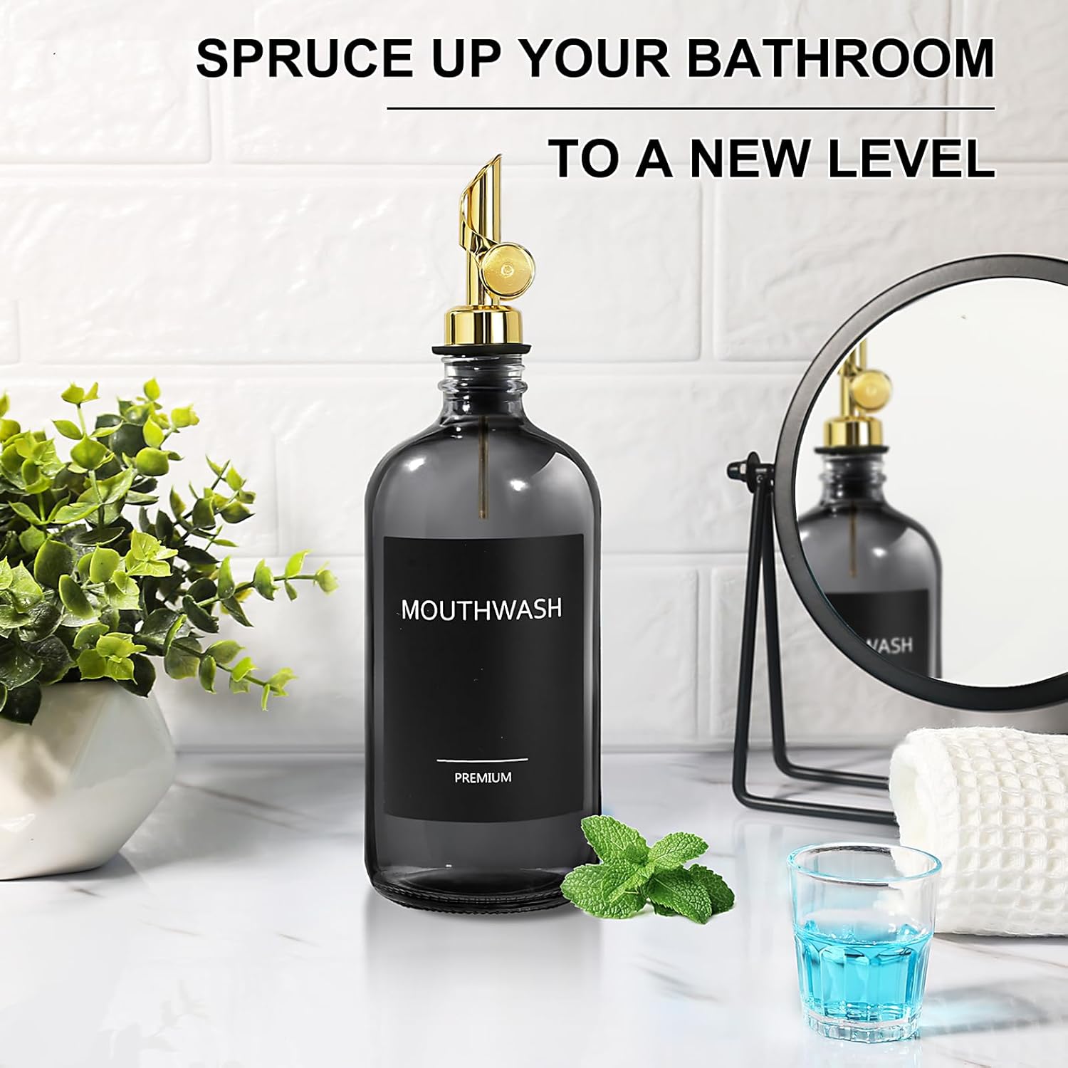 Mouthwash Dispenser for Bathroom, 1 Pack Clear Black Glass Mouth Wash Container with Cup, 17 Fl Oz Mouth Wash Decanter Bottle Set, Refillable Mouthwash Pump Dispenser - Image 7