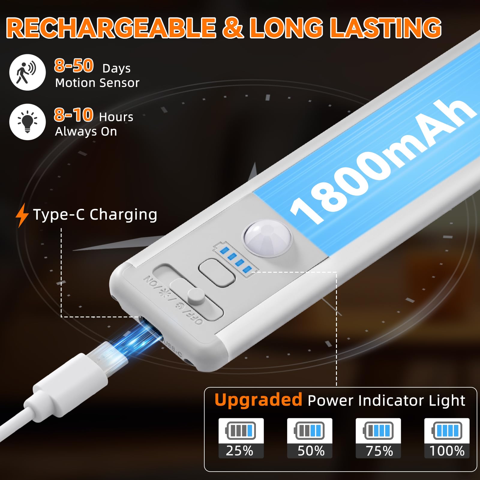 Under Cabinet Lighting Wireless Rechargeable Motion Sensor Light Indoor 3 Color Dimmable Closet Light Battery Operated with LED — view 4