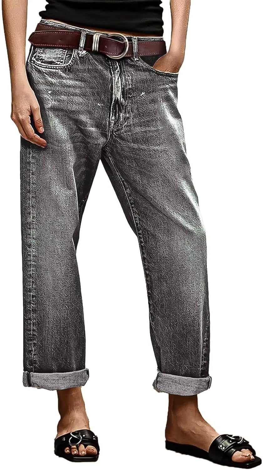 Flamingals Straight Leg Jeans for Women Boyfriend Mid Rise Roll Hem Wash Cropped Denim Pants Without Belt