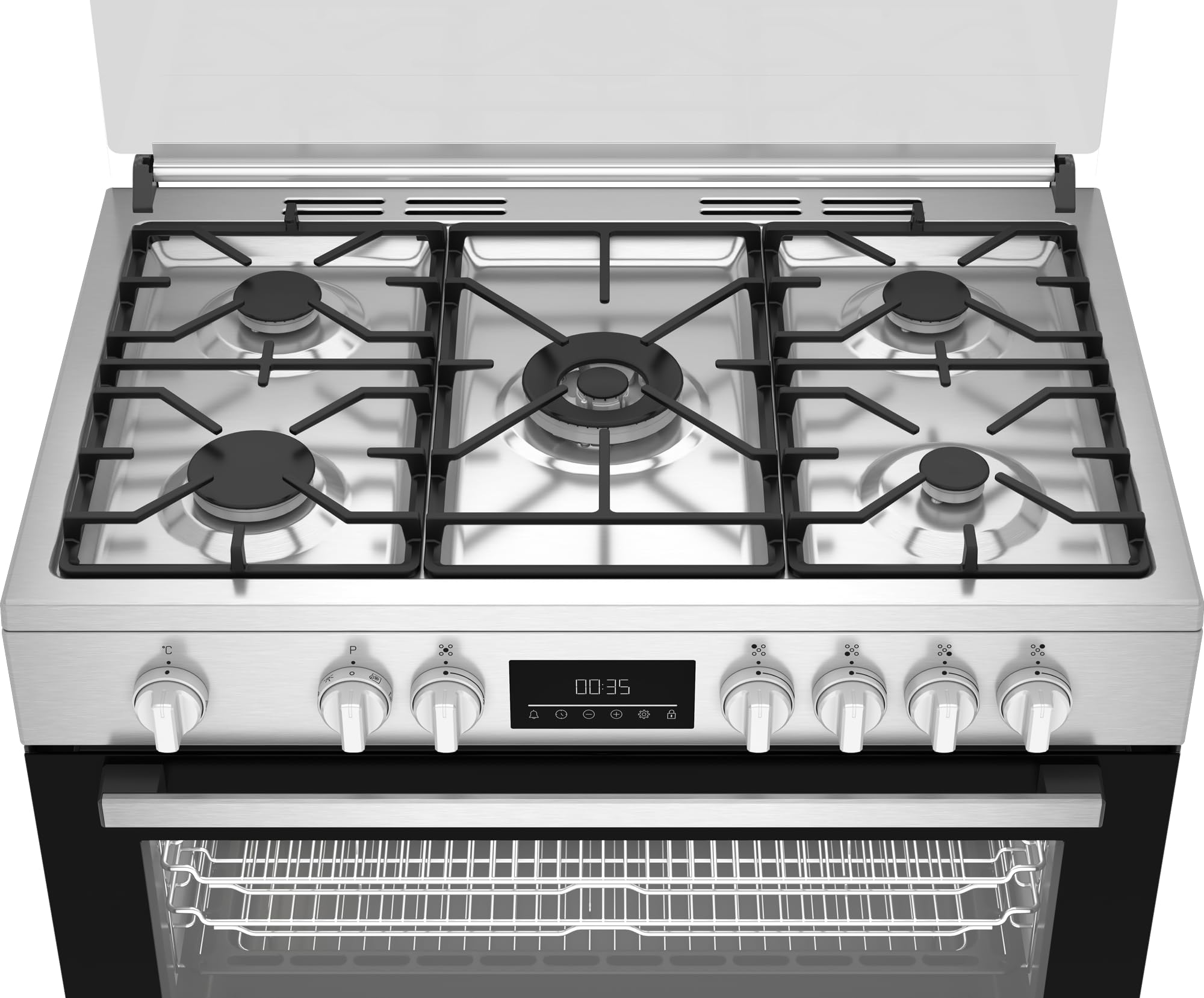 Beko Cucina a Gas 90x60 cm, BGM11226EX, Serie bPRO 500 Forno Multifunzione 111L, Piano Cottura 5 Fuochi con Tripla Corona, Griglie in Ghisa, Touch Control, Inox/Nero, Classe A+