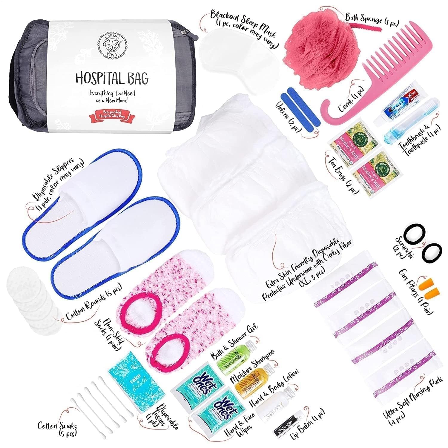Hospital Bags for Labor and Delivery - Pregnancy Maternity Hospital Bag Essentials for Mom Pre Packed Set Gray Underwear L/XL