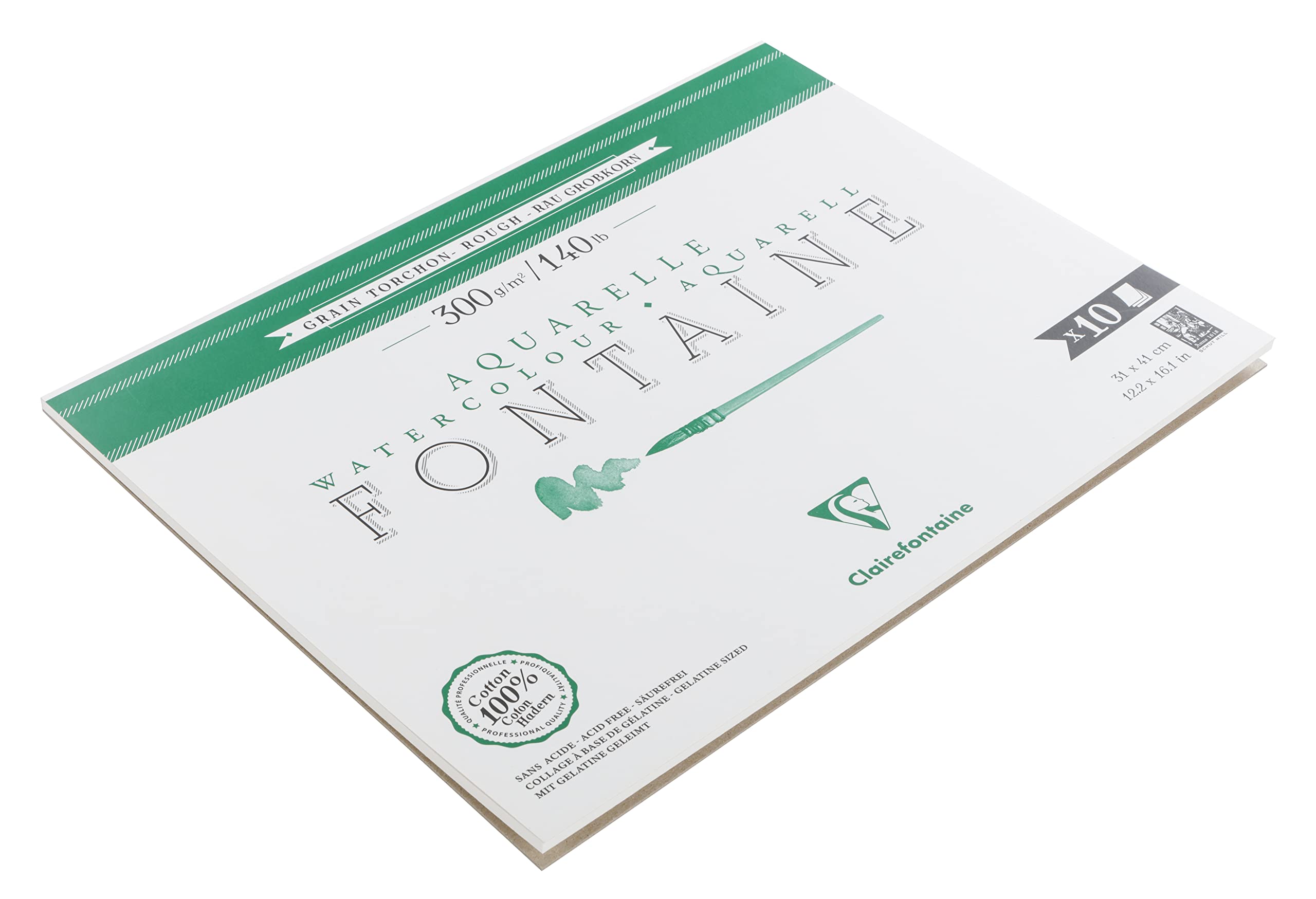 Clairefontaine 975516C Bloc encolado 1 Lado Fontaine - 10 Hojas de Papel Acuarela Blanco 100% Algodón Grano Grueso Calidad Profesional 31x41 cm 300g