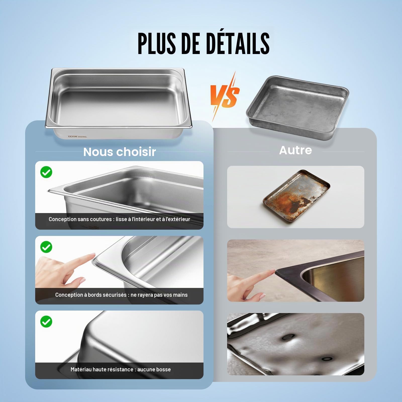 VEVOR Bac Gastronorme GN 1/1 Lot de 4, Récipient Inox pour Bain-marie 0,8 mm d'Épaisseur, Bac Inox Alimentaire avec Couvercle 10,7 cm de Profondeur, pour Chauffe-plats, Stockage, Restauration