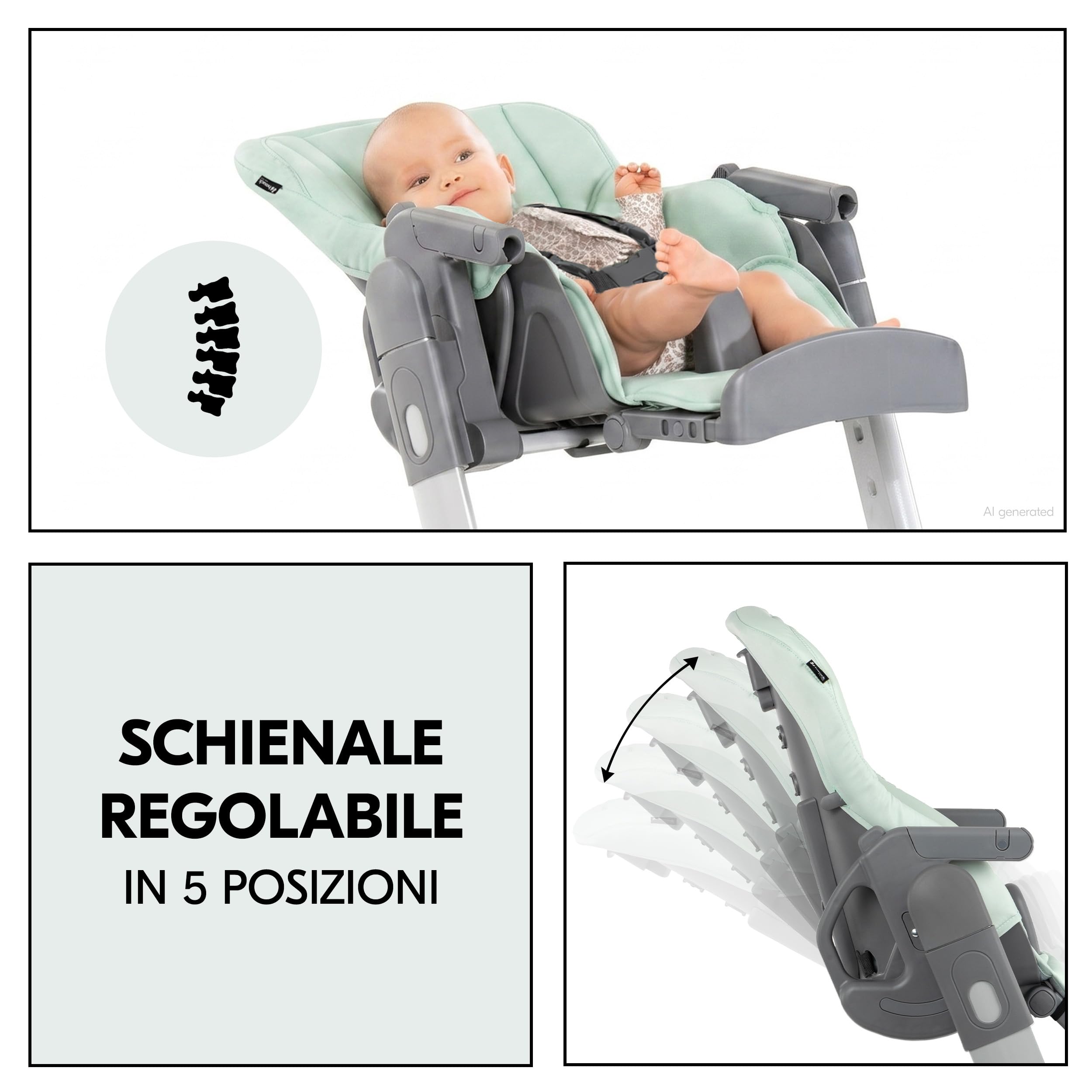hauck Grow Up Seggiolone Pappa Portatile - Evolutivo Dalla Nascita con Funzione Reclinabile - Pieghevole con Vassoio e Ruote - Regolabile - Mint