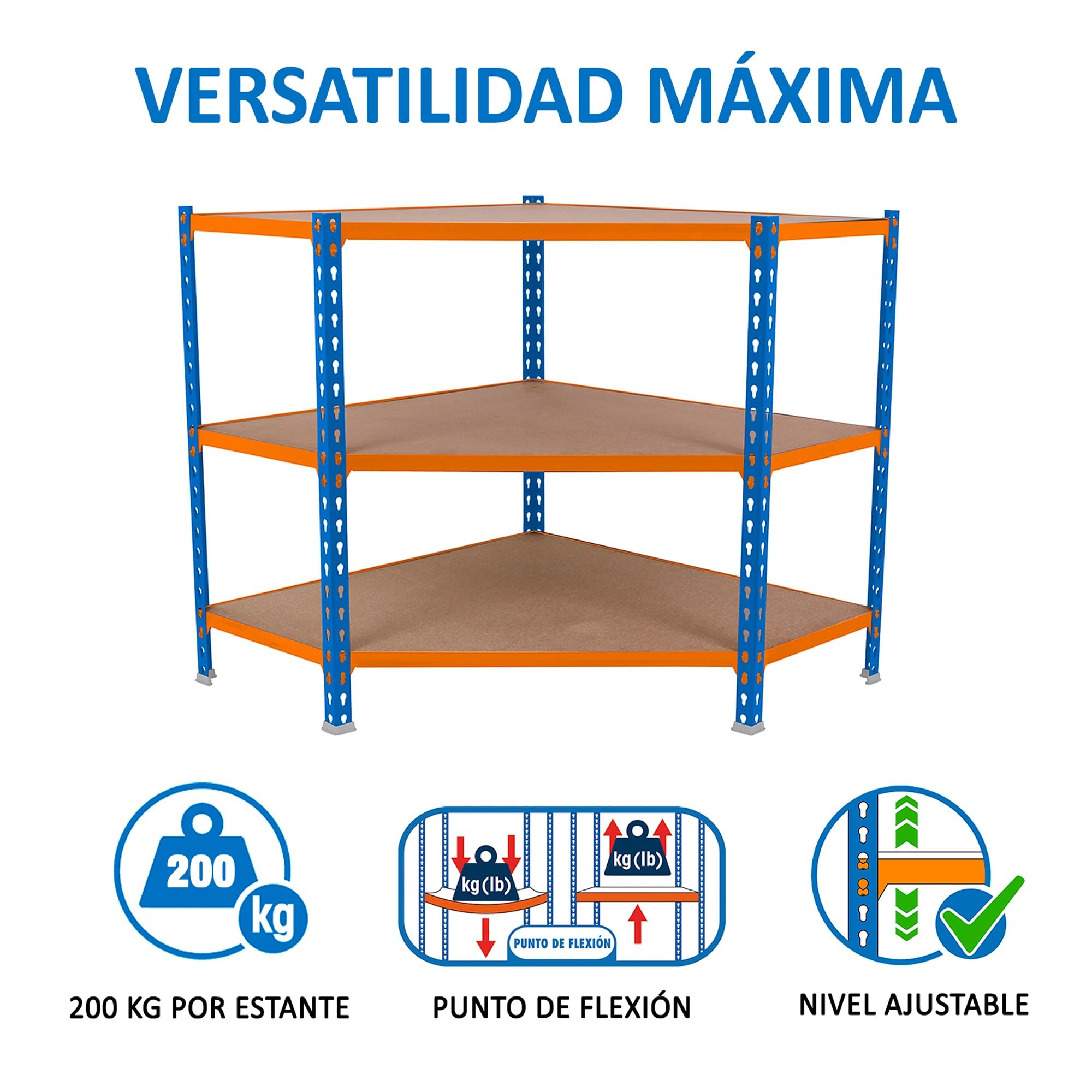 Simon Rack Estantería Metálica Almacenaje, Sin tornillos, 3 Baldas Madera, Alta Capacidad Carga 200 kg, 900x900x400 mm, Estantería Garaje Trastero, Azul/Naranja/Madera | 3 Alturas, Bandeja Madera, 200 kg de Punto Flexión, Azul/Naranja , Pintura anticorros