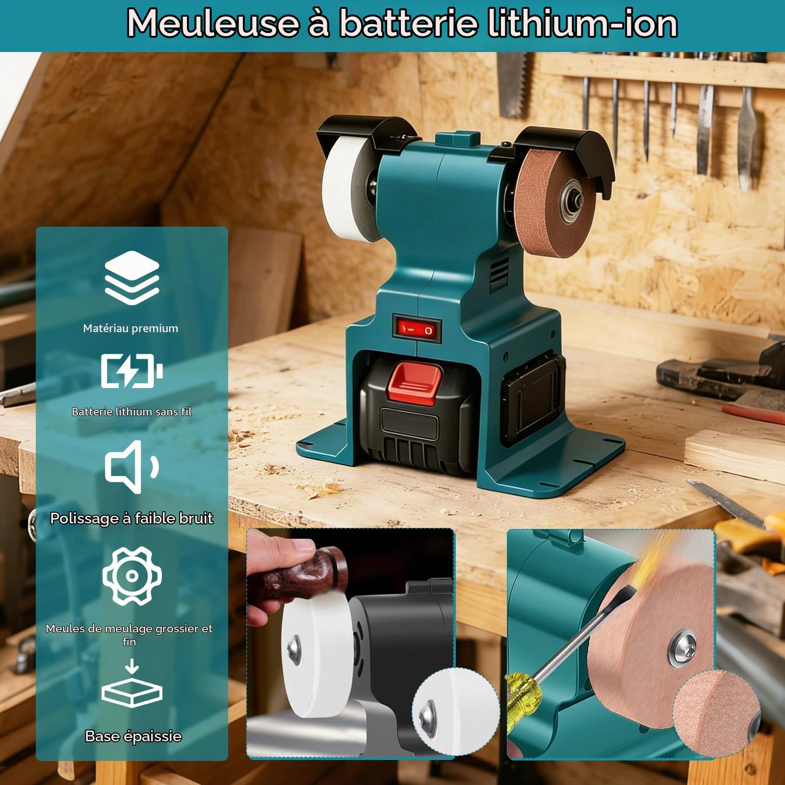 Ponceuses à Bande, Mini Meuleuse Sans Fil avec Batterie de 2400 mAh Affûteuse de Couteaux Électrique Polisseuse etite Meuleuse D'établi avec Papier de Verre Meule pour Bois MéTal