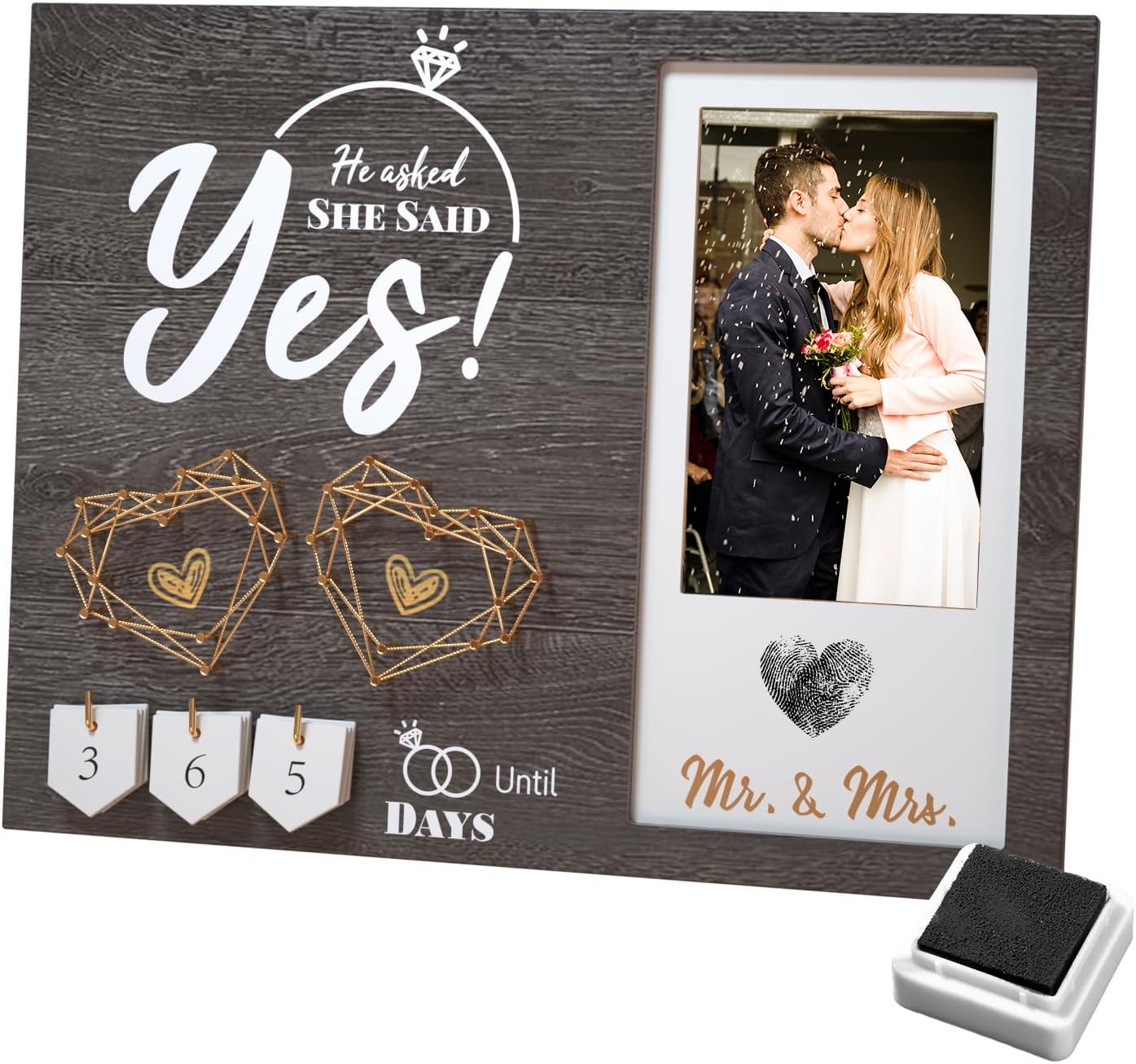 Engagement Gift for Couples - Wedding Countdown Heart Thumbprint Picture Frame and Ink Kit for Newly Engaged, Fiance - He Asked, She Said Yes Bride to Be