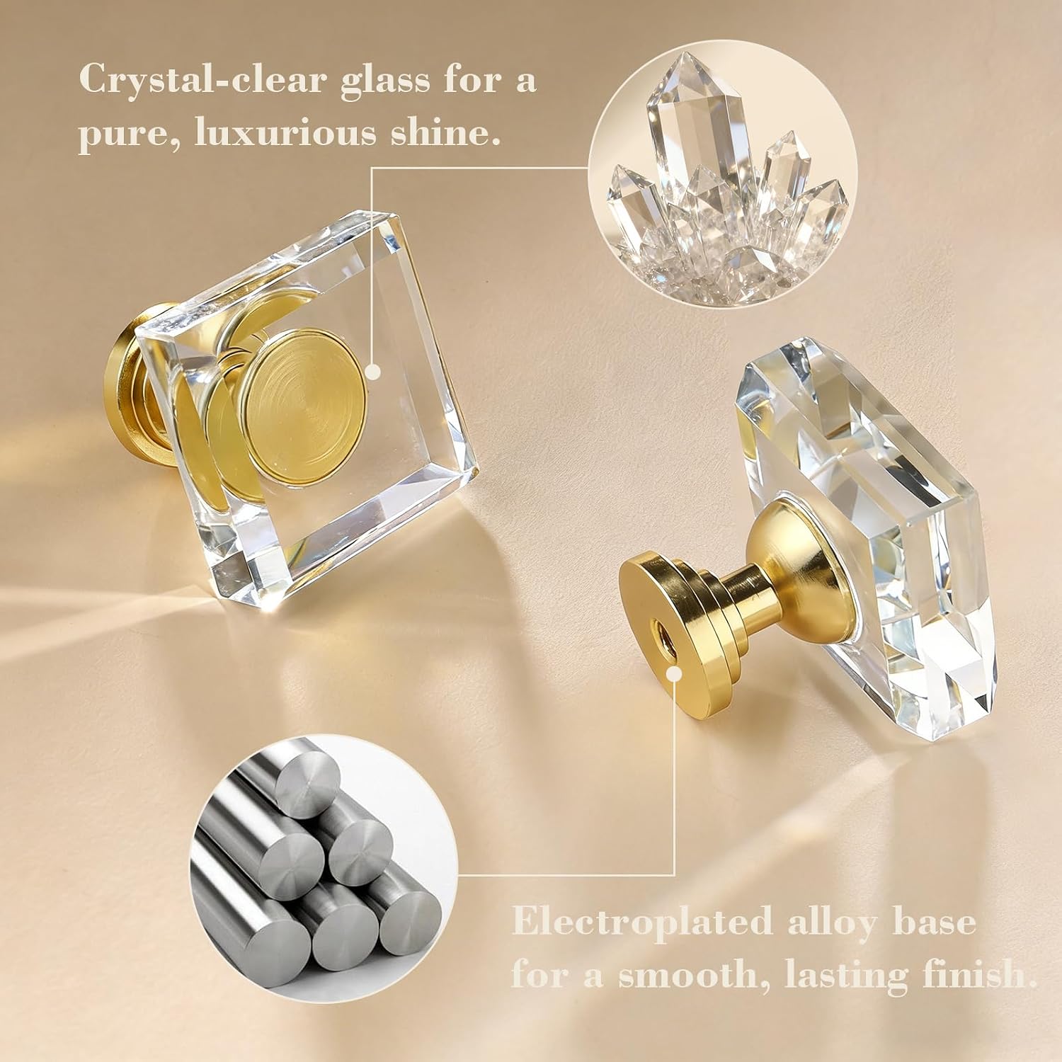 POZEAN Crystal Glass Cabinet Drawer Knobs, 30 Pack Glass Crystal Gold Dresser Knobs, 1-1/4 Inch Square Pulls Handles with Screws for Modern Kitchen Cupboard Bedroom and Bathroom