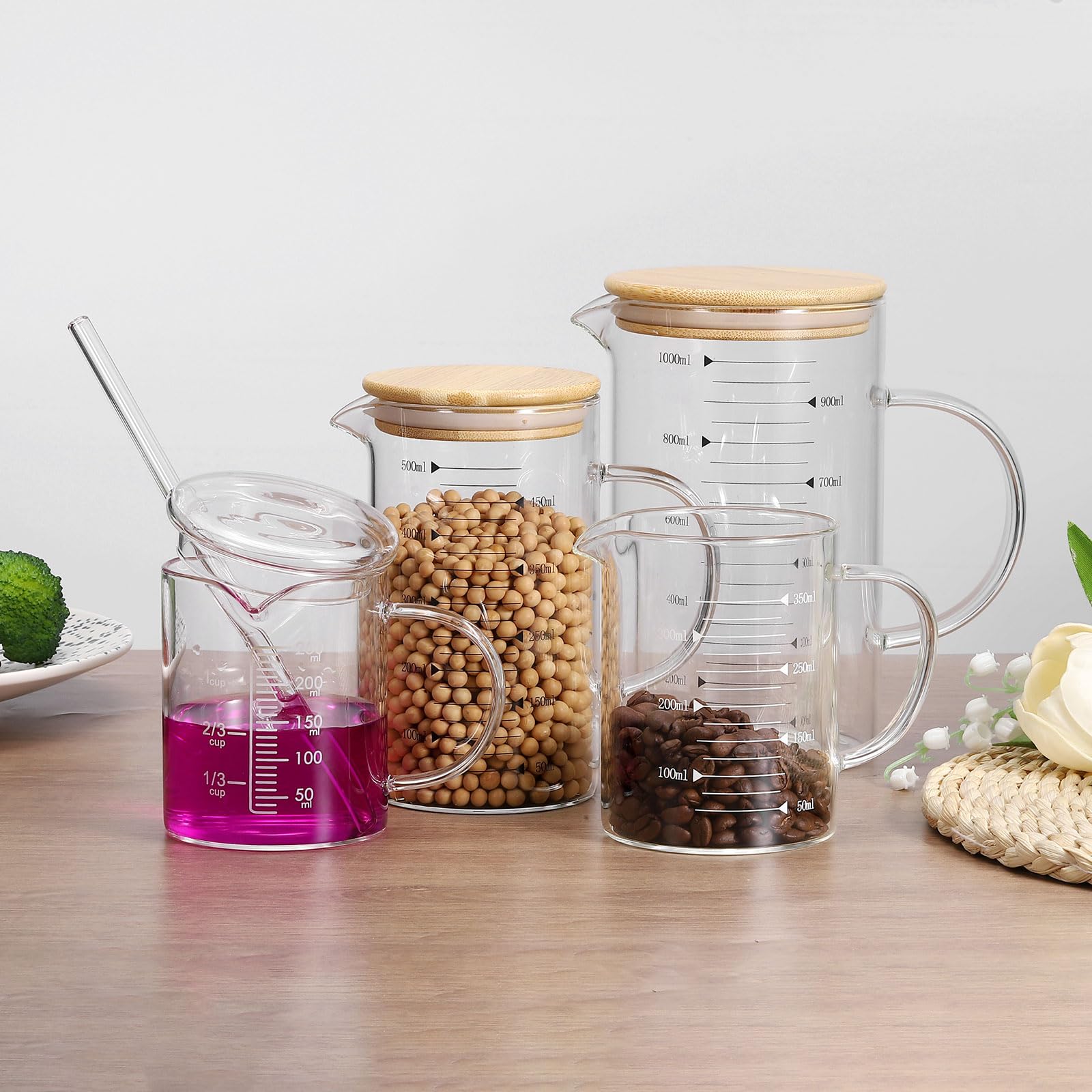 PATIKIL Bicchiere Graduato In Vetro Da 1000ml, Becher In Vetro Borosilicato Con Coperchio Cannuccia Beccuccio A V Per Cucina Bevande Ristorante, Misura Stampata Bianca